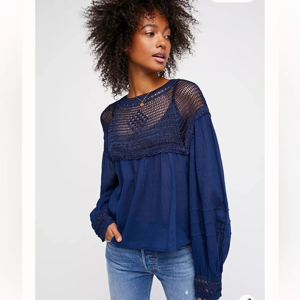 Free People Early Frost navy blue crocheted long sleeve blouse top Size S